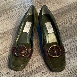Green and Brown Suede Loafers with Round Buckle